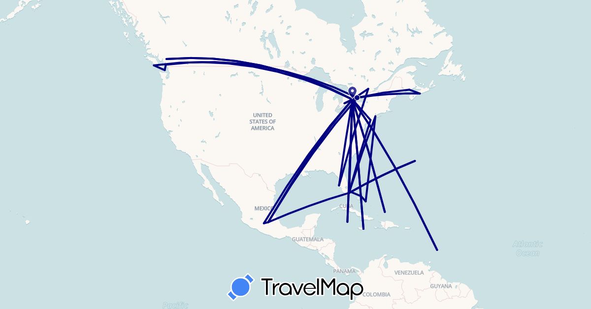 TravelMap itinerary: driving in Barbados, Bermuda, Bahamas, Canada, Jamaica, Cayman Islands, Mexico, Turks and Caicos Islands, United States (North America)